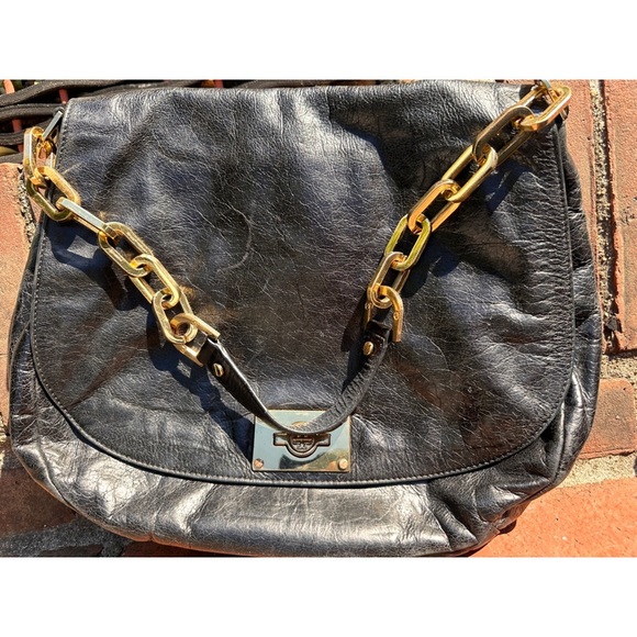 Tory Burch Gold Black Leather & Canvas Chain Linked Over-the-Shoulder Hobo Bag - Picture 7 of 13